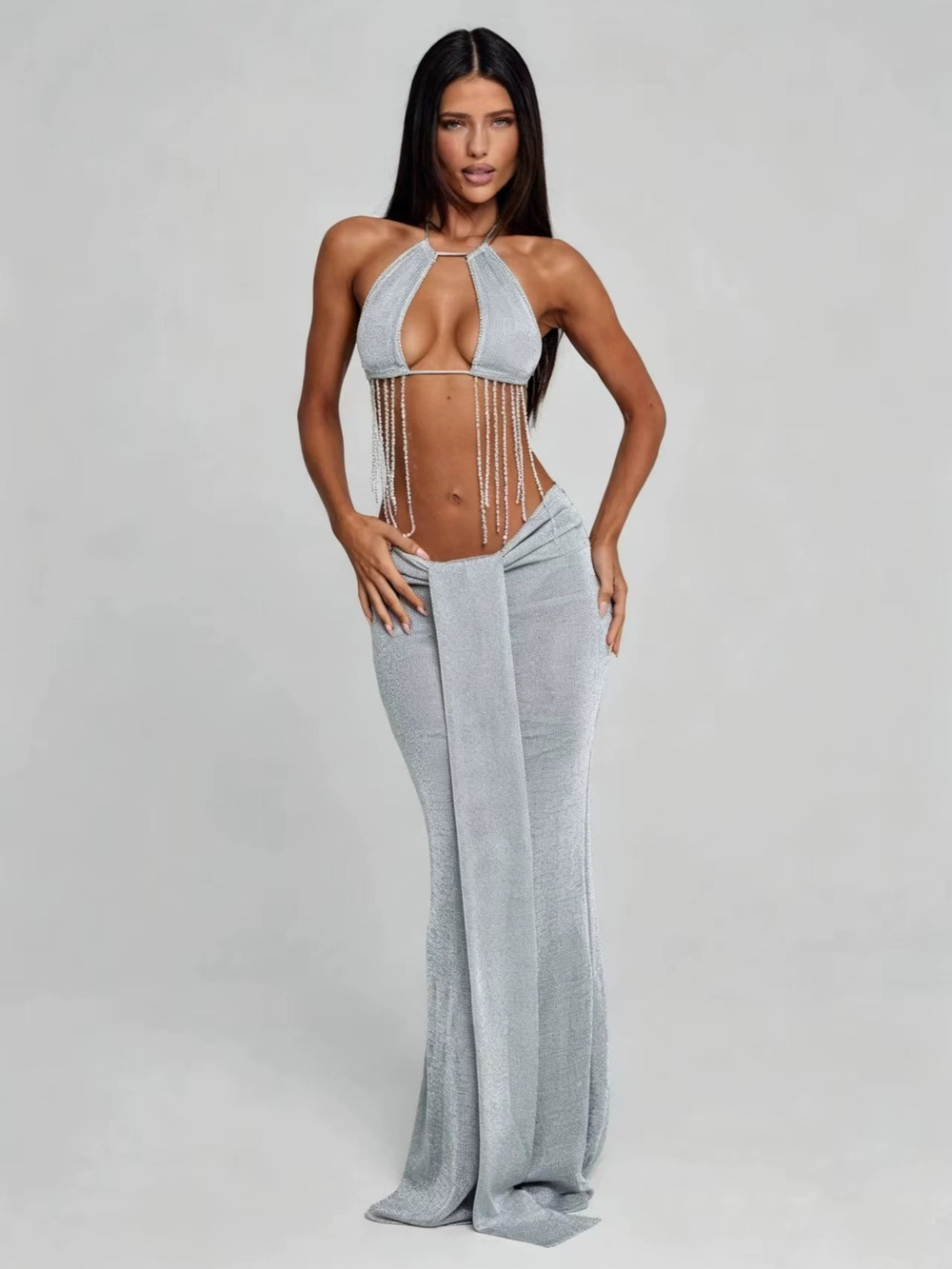 Zara Casual Sleeveless Hollow Backless Patchwork Long Dress Design Skirt Set